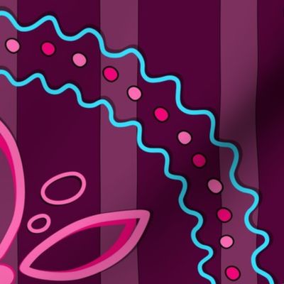 pink flowers bordered with wavy lines on a purple stripe background (big)