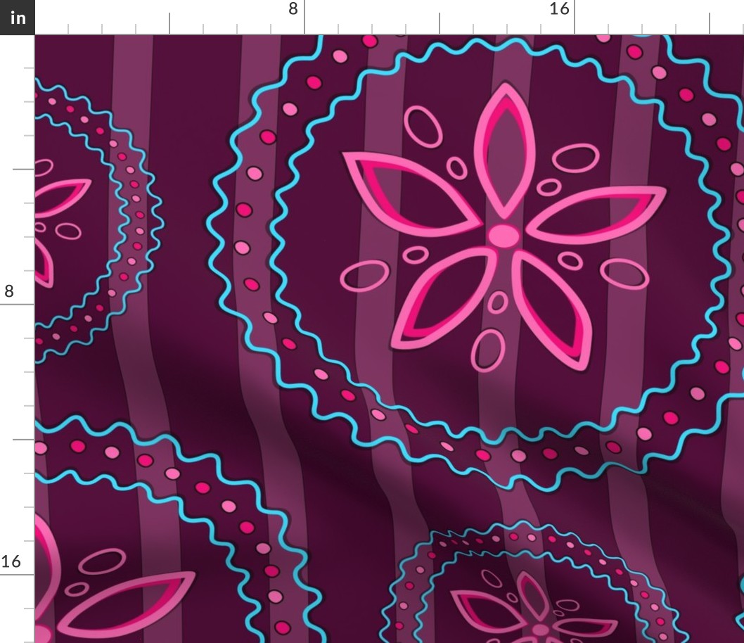 pink flowers bordered with wavy lines on a purple stripe background (big)