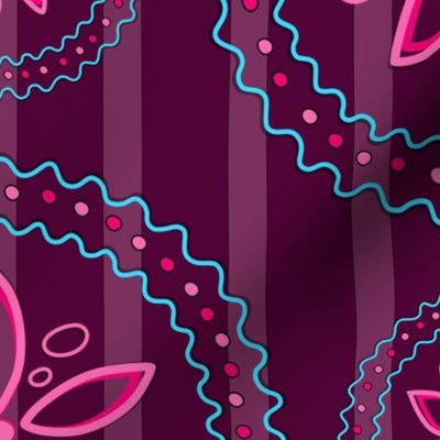 pink flowers bordered with wavy lines on a purple stripe background (medium)