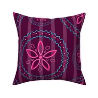 pink flowers bordered with wavy lines on a purple stripe background (medium)