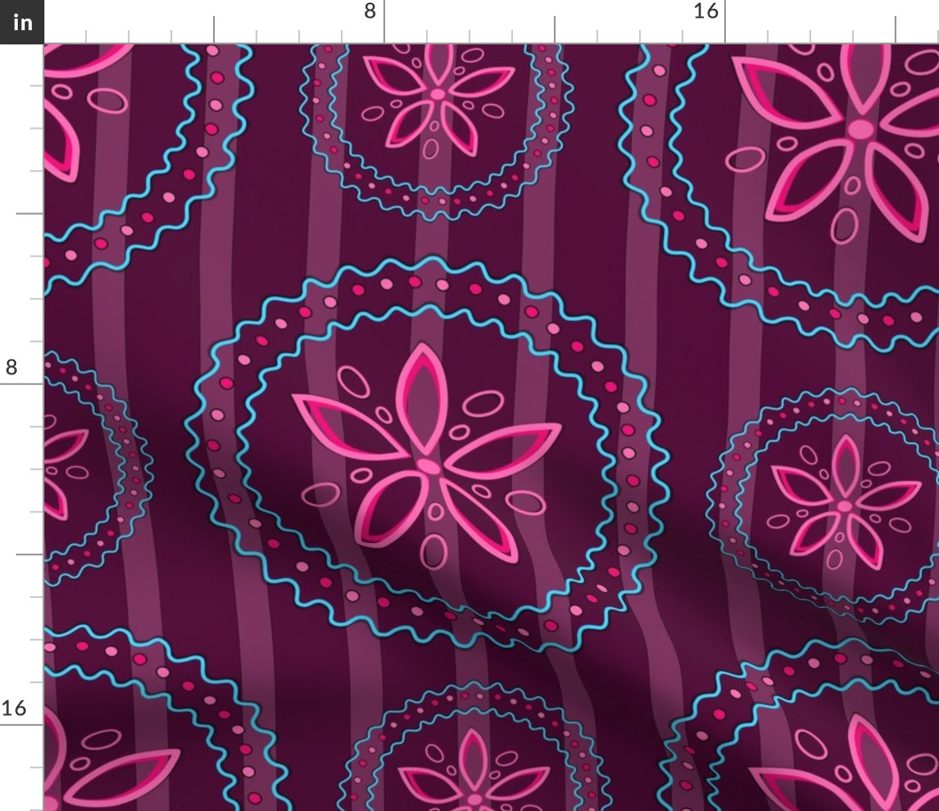 pink flowers bordered with wavy lines on a purple stripe background (medium)