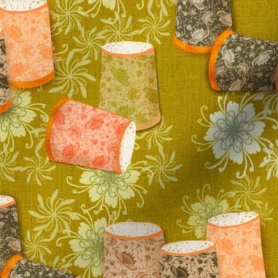 Medium 12” repeat Heritage vintage sewing thimbles with art deco pattern, whimsical lacy flowers on faux woven burlap texture in citrine green and peach