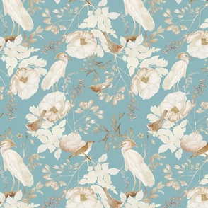 Vintage Golden Summer Birds, Cranes And White Roses Romanticism: Maximalism Moody Florals - Antiqued blush Peonies and Nostalgic Animals- Antique Botany Wallpaper and Victorian Mystic inspired for powder room - light turquoise blue