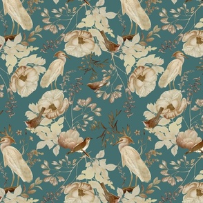 Vintage Golden Summer Birds, Cranes And White Roses Romanticism: Maximalism Moody Florals - Antiqued blush Peonies and Nostalgic Animals- Antique Botany Wallpaper and Victorian Mystic inspired for powder room - teal