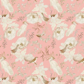 Vintage Golden Summer Birds, Cranes And White Roses Romanticism: Maximalism Moody Florals - Antiqued blush Peonies and Nostalgic Animals- Antique Botany Wallpaper and Victorian Mystic inspired for powder room - light peach