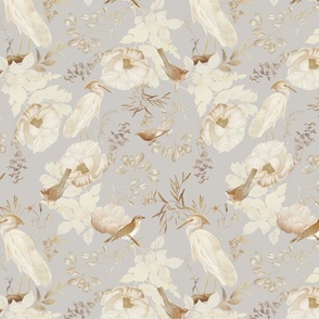 Vintage Golden Summer Birds, Cranes And White Roses Romanticism: Maximalism Moody Florals - Antiqued blush Peonies and Nostalgic Animals- Antique Botany Wallpaper and Victorian Mystic inspired for powder room - light turquoise blue