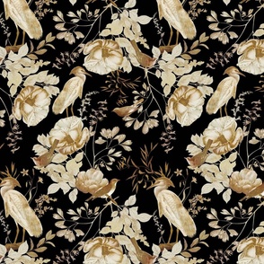 Vintage Golden Summer Birds, Cranes And White Roses Romanticism: Maximalism Moody Florals - Antiqued blush Peonies and Nostalgic Animals- Antique Botany Wallpaper and Victorian Mystic inspired for powder room - moody goth dark black