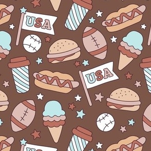 4th of July American Summer Holiday patriot print food snacks and drinks with baseball and American Football and Patriot USA Mascot Flags vintage palette seventies brown beige blue 