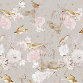  Vintage Golden Summer Birds And White Roses Romanticism: Maximalism Moody Florals - Antiqued blush Peonies and Nostalgic Animals- Antique Botany Wallpaper and Victorian Mystic inspired for powder room - luxurious grey 