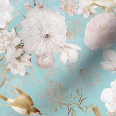 Vintage Golden Summer Birds And White Roses Romanticism: Maximalism Moody Florals - Antiqued blush Peonies and Nostalgic Animals- Antique Botany Wallpaper and Victorian Mystic inspired for powder room - light turquoise blue