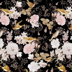  Vintage Golden Summer Birds And White Roses Romanticism: Maximalism Moody Florals - Antiqued blush Peonies and Nostalgic Animals- Antique Botany Wallpaper and Victorian Mystic inspired for powder room - gothic black