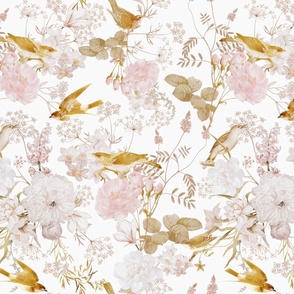  Vintage Golden Summer Birds And White Roses Romanticism: Maximalism Moody Florals - Antiqued blush Peonies and Nostalgic Animals- Antique Botany Wallpaper and Victorian Mystic inspired for powder room - white 