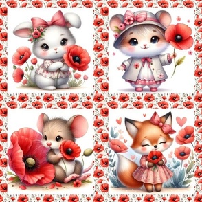 4 CUTE ANIMALS AND POPPY CHECKERBOARD BUNNY MOUSE FOX HAMSTER FLWRHT