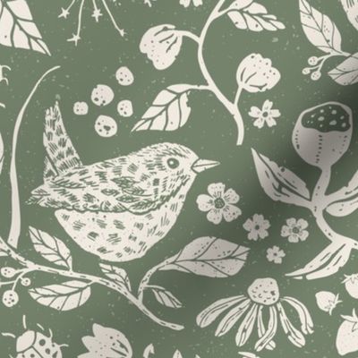 Large Scale Block Print Textured Wren in Hedgerow with Leaves, Flowers and Berries in Forest Green