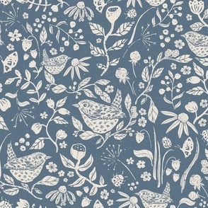 Medium  Scale Block Print Textured Wren in Hedgerow with Leaves, Flowers and Berries in Soft Slate Blue