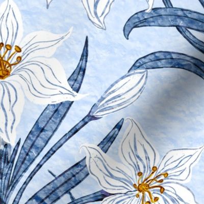 Hand Drawn Stone Textured Lily Flower Fleur-De-Lis Plant Lily Blooms Floral Natural Botanical Design, Robins Egg Baby Blue 