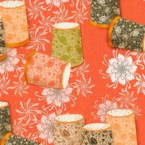 Medium 12” repeat Heritage vintage sewing thimbles with art deco pattern, whimsical lacy flowers on faux woven burlap texture on coral