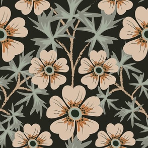 Garden of my soul floral blooms neutral earthy colors black , brown and green