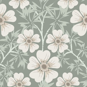 Garden of my soul floral blooms  and leaves neutral colors warm neutral beiges and greens - acacia haze ad neutral tan