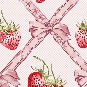 ribbons in soft pastel pink with bows and red strawberries on a check pattern  - large scale
