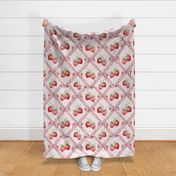 ribbons in soft pastel pink with bows and red strawberries on a check pattern  - medium scale