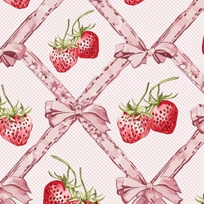 ribbons in soft pastel pink with bows and red strawberries on a check pattern  - medium scale