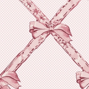 ribbons in soft pastel pink with bows  on a pink and white check pattern  - large scale
