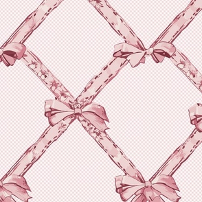 ribbons in soft pastel pink with bows  on a pink and white check pattern  - medium scale