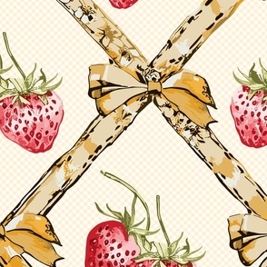 ribbons in soft yellow with bows and red strawberries on a check pattern  - large scale
