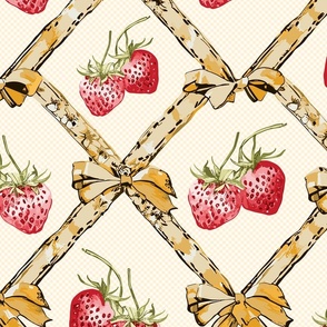 ribbons in soft yellow with bows and red strawberries on a check pattern  - medium scale