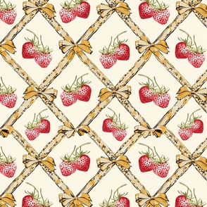 ribbons in soft yellow with bows and red strawberries on a check pattern  -small scale