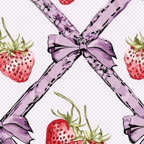 ribbons in soft purple with bows and red strawberries on a check pattern  - large scale