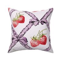 ribbons in soft purple with bows and red strawberries on a check pattern  - medium scale