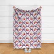 ribbons in soft purple with bows and red strawberries on a check pattern  - medium scale