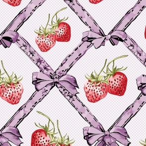 ribbons in soft purple with bows and red strawberries on a check pattern  - medium scale