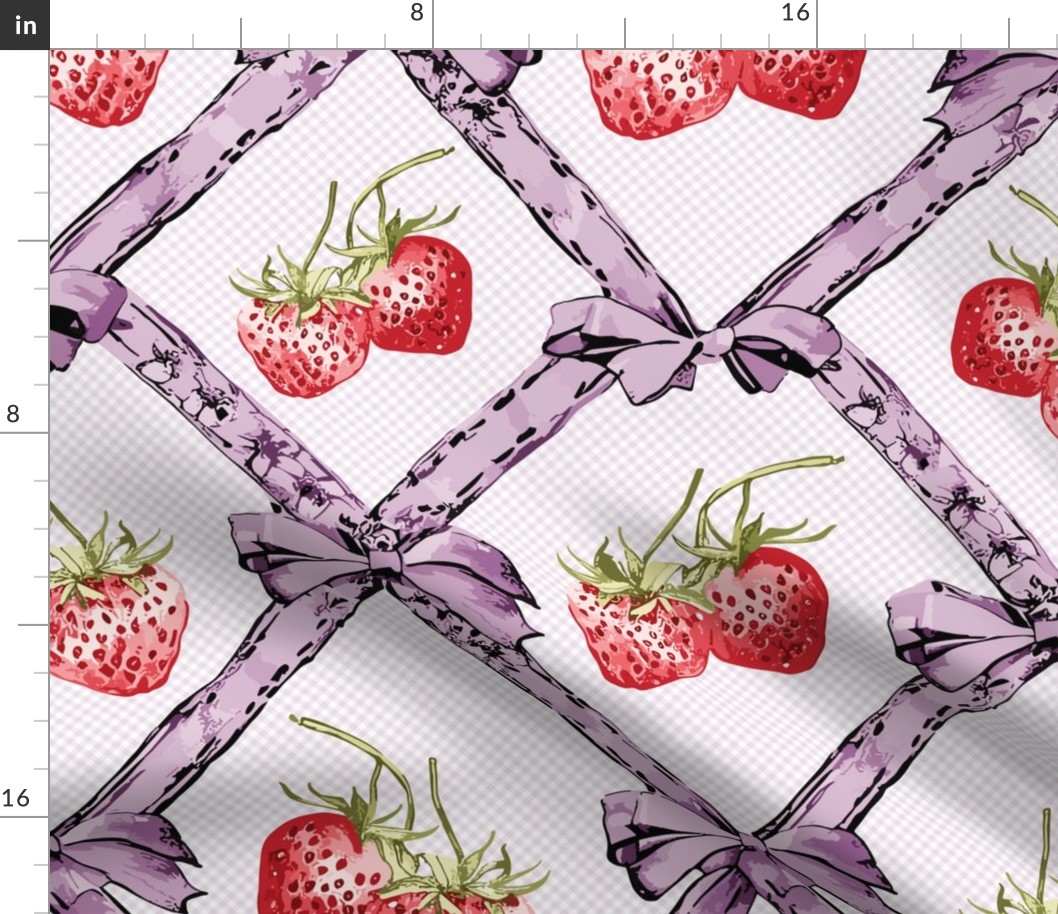 ribbons in soft purple with bows and red strawberries on a check pattern  - medium scale