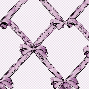 ribbons in soft pastel purple with bows  on a lilac and white check pattern  - medium scale