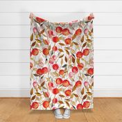 fresh abstract watercolor cherries with leaves in shades of red and pink on white - large scale