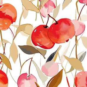 fresh abstract watercolor cherries with leaves in shades of red and pink on white - large scale