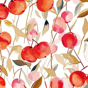 fresh abstract watercolor cherries with leaves in shades of red and pink on white - medium scale