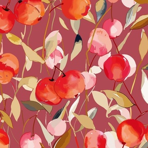 fresh abstract watercolor cherries with leaves in shades of red and pink on red - medium scale