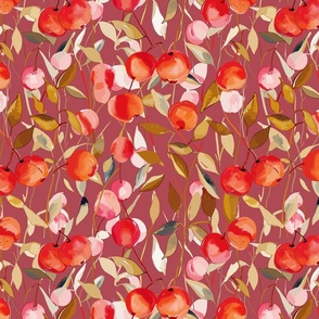fresh abstract watercolor cherries with leaves in shades of red and pink on red - small scale
