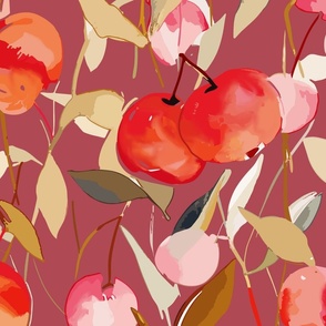 fresh abstract watercolor cherries with leaves in shades of red and pink on muted red - large scale
