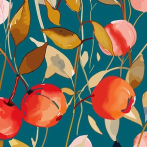 fresh abstract watercolor cherries with leaves in shades of red and pink on teal green - large scale