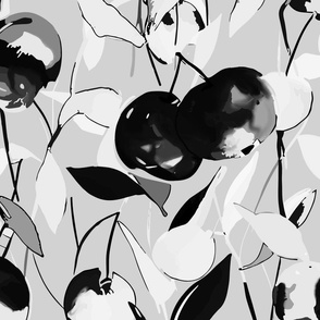 fresh abstract watercolor cherries with leaves in shades of black and white on grey - large scale