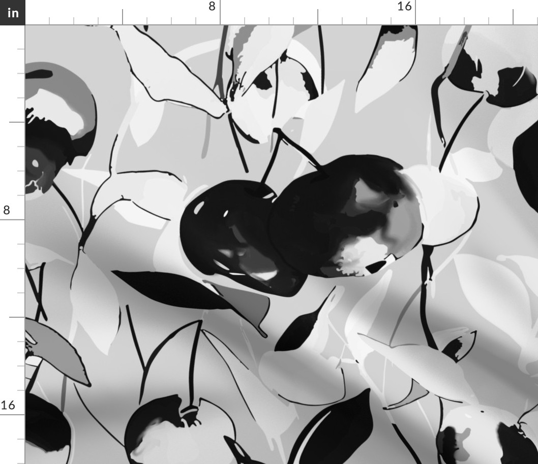 fresh abstract watercolor cherries with leaves in shades of black and white on grey - large scale