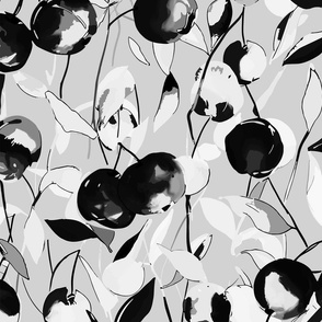 fresh abstract watercolor cherries with leaves in shades of black and white on grey - medium scale