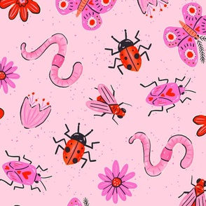 Love Bugs - insects and florals on pink