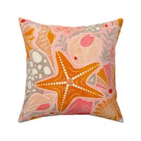Just Beachy- Seashells Starfish on Sand with Sea Foam- Beach Combers Delight- Orange Coral on Pink- Large Scale