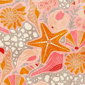 Just Beachy- Seashells Starfish on Sand with Sea Foam- Beach Combers Delight- Orange Coral on Pink- Large Scale